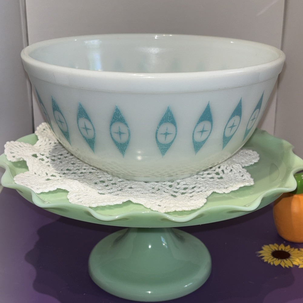 Vtg Atomic Eyes Pyrex Mixing  Bowl MCM 1950s Unmarked‎ White & Turquoise 403